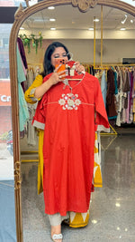 Pure cotton applique real mirror suit set in orange