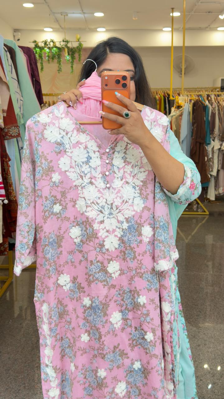 Pure cotton applique real mirror suit set in pink