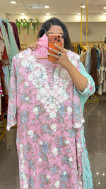 Pure cotton applique real mirror suit set in pink