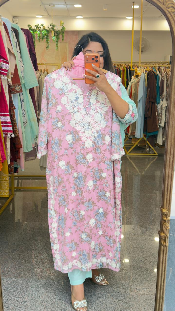 Pure cotton applique real mirror suit set in pink