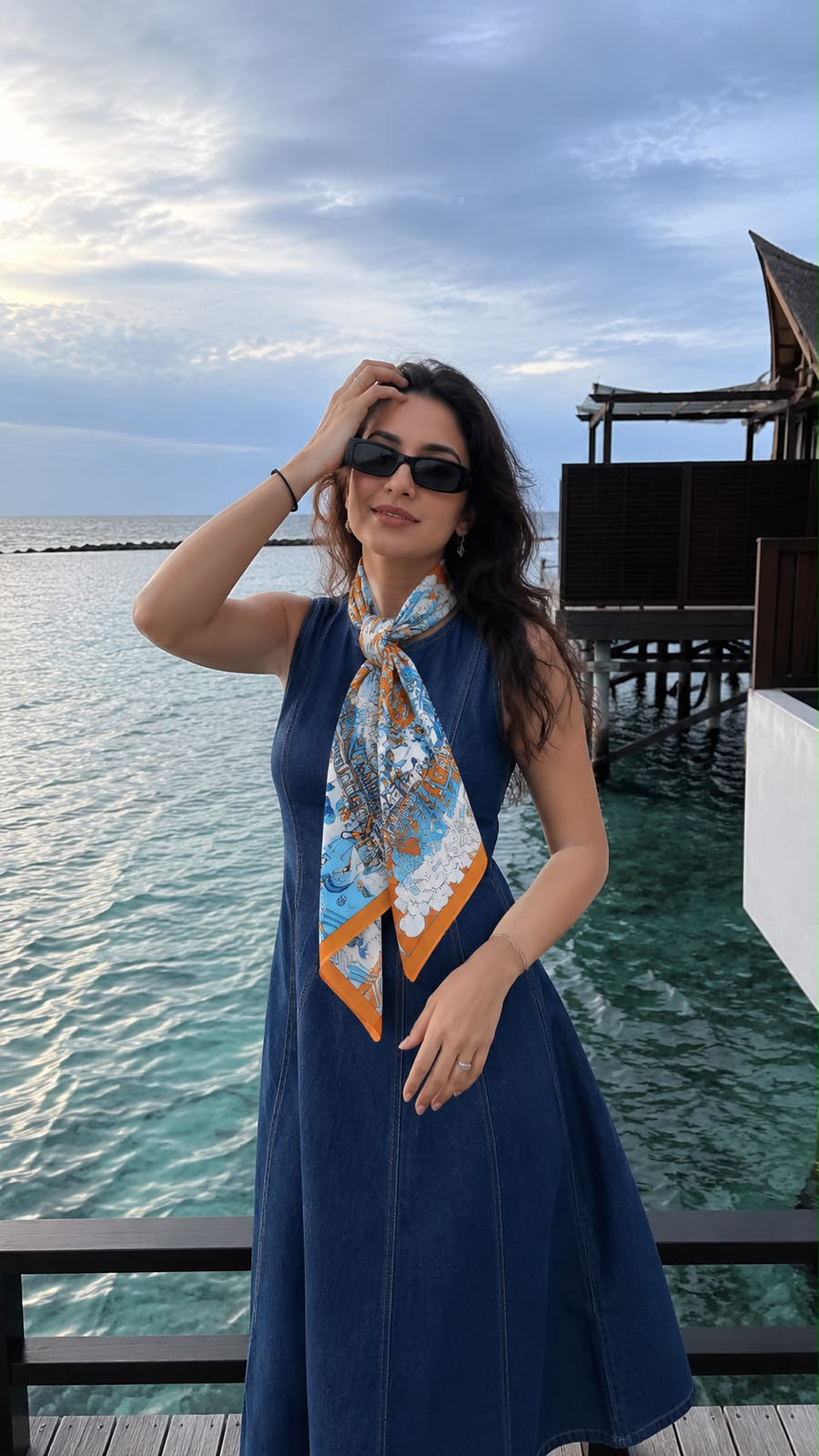 Super soft denim cotton with blue n orange scarf one piece