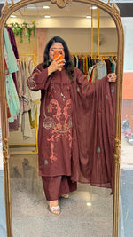 Smart pure cotton fully embroidered plazzo suit set in brown