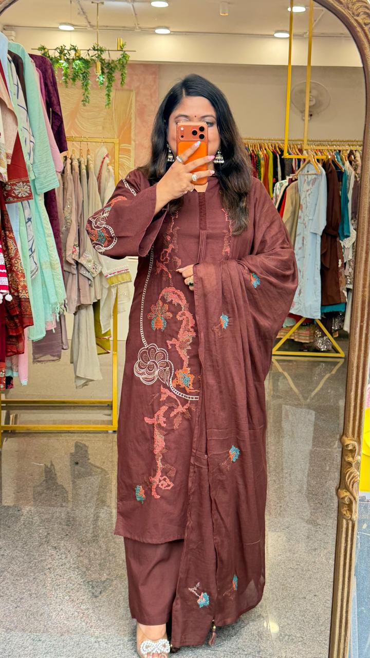 Smart pure cotton fully embroidered plazzo suit set in brown