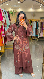 Smart pure cotton fully embroidered plazzo suit set in brown