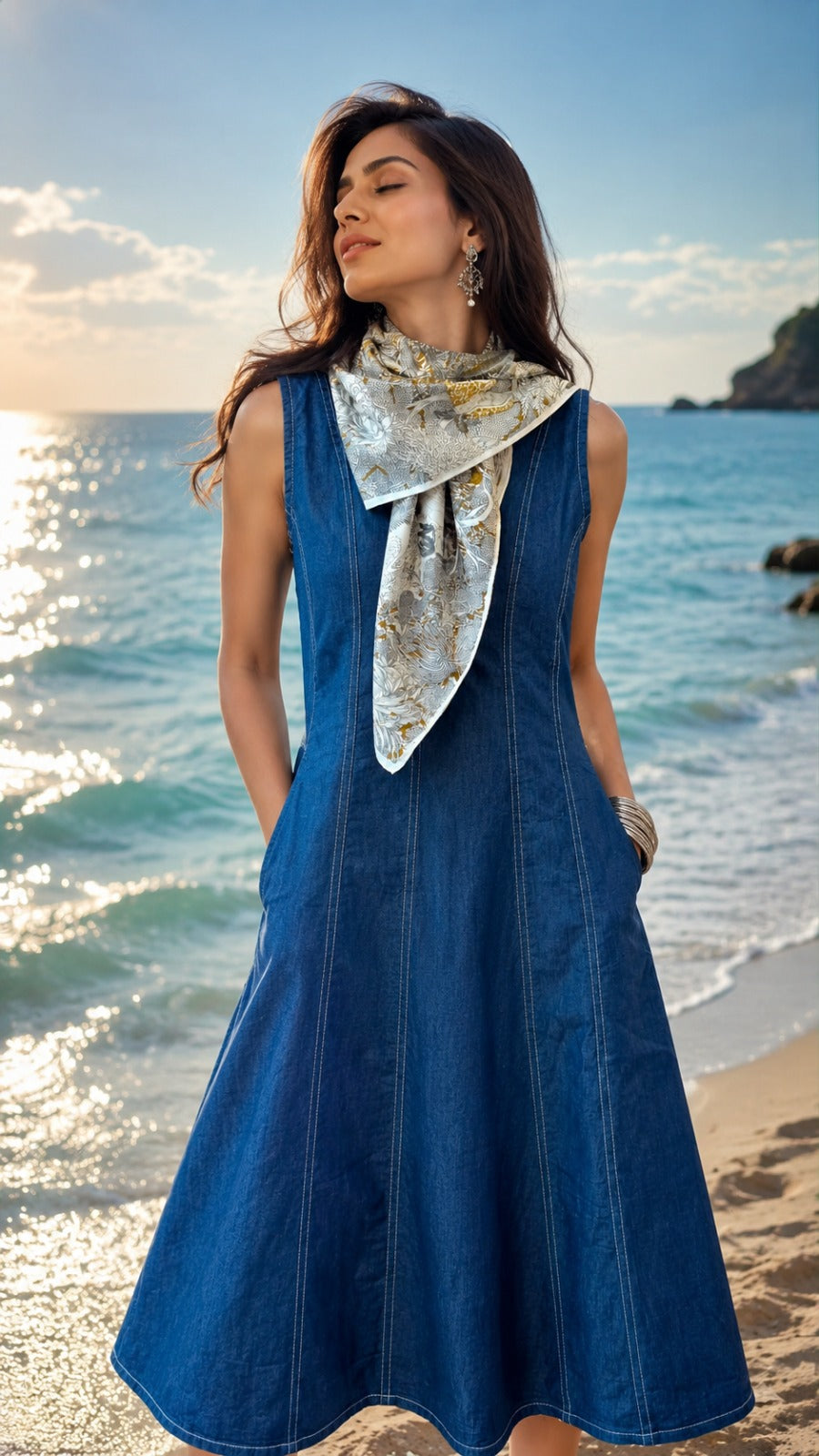 Super soft denim cotton with grey scarf one piece