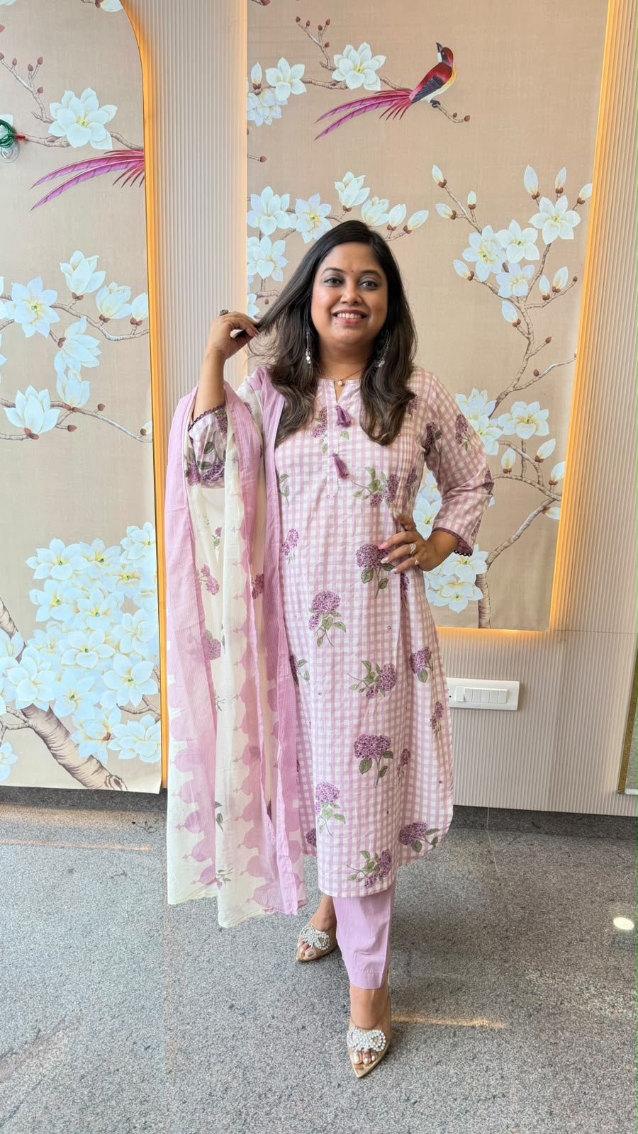 Chequered pretty cotton purple Suit set