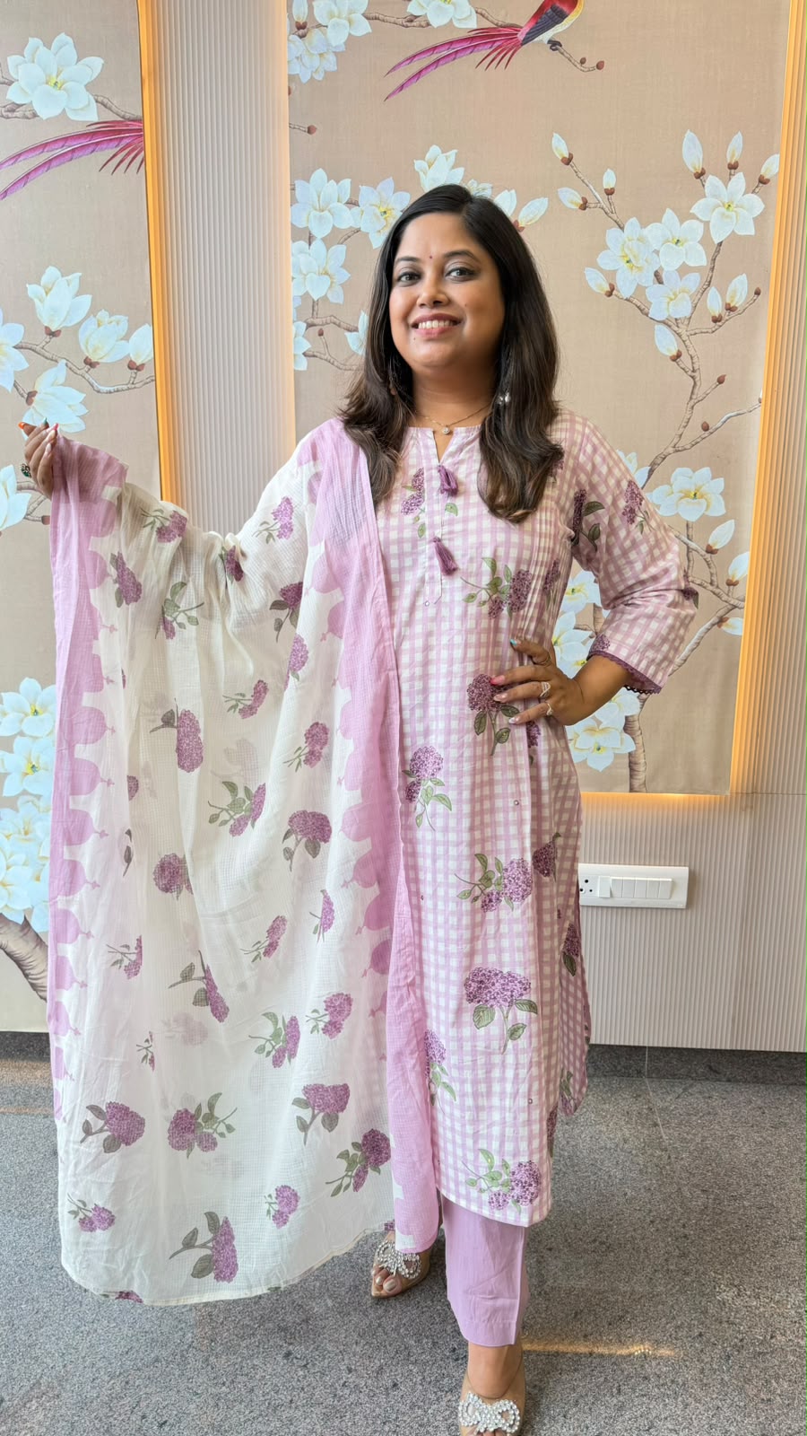 Chequered pretty cotton purple Suit set