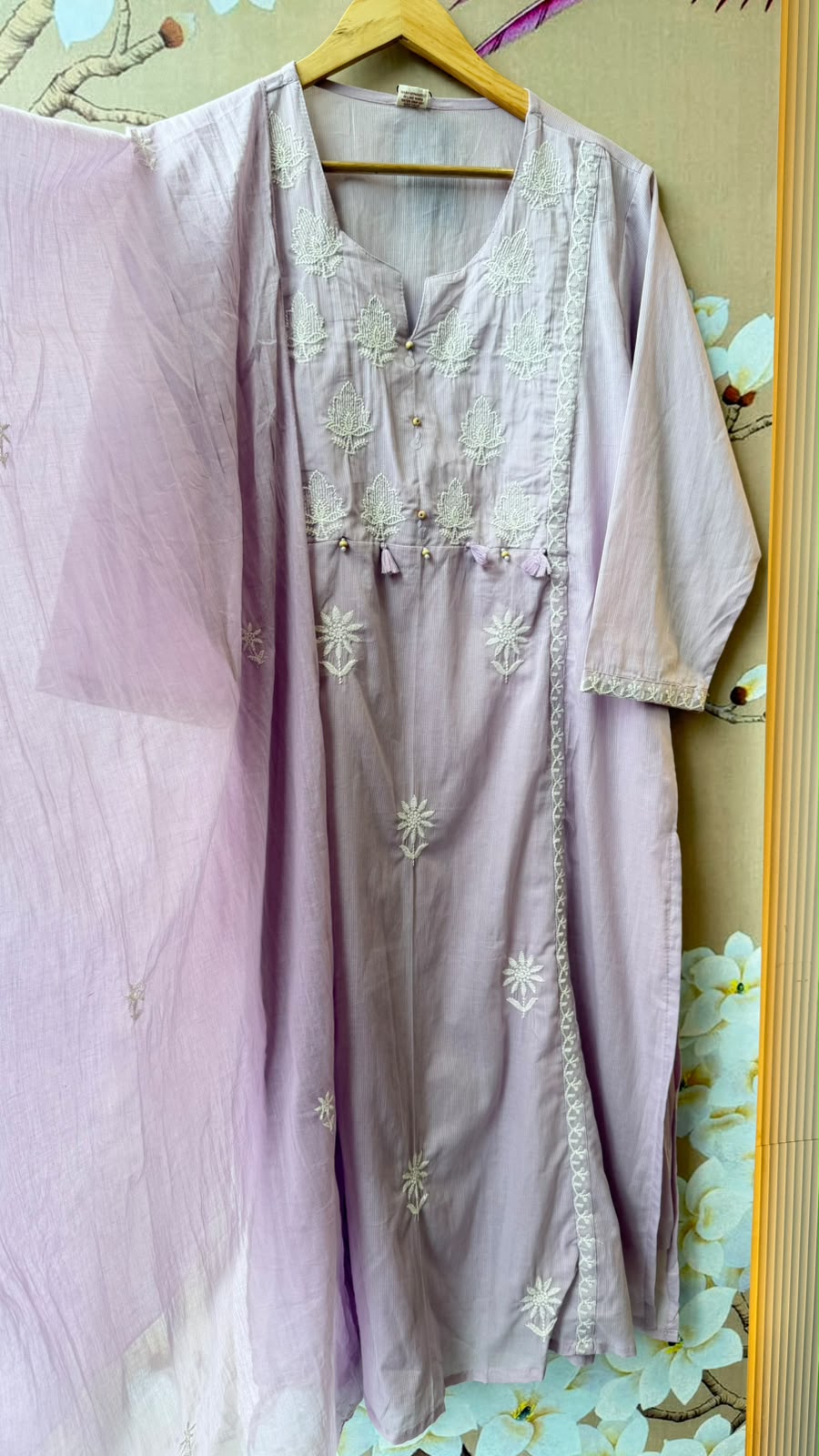 Pretty cotton embroidered suit set in purple