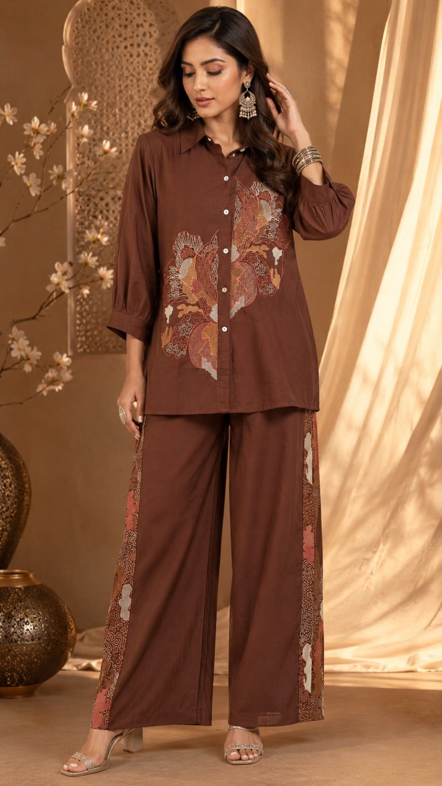 Smart cotton embroidered co ord in brown