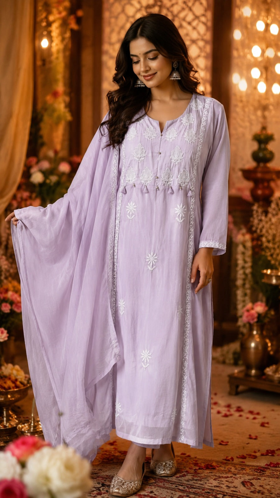 Pretty cotton embroidered suit set in purple