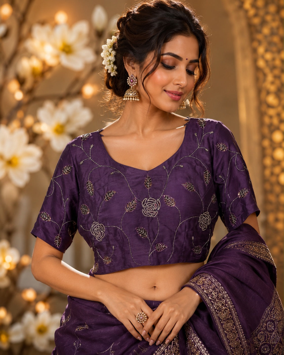 Pretty handwork on blouse and saree in wine