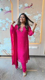 Pretty pretty georgette pretty hand work suit set in Rani pink(slim fit)
