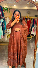 Cotton cutwork Anarkali suit set in brown