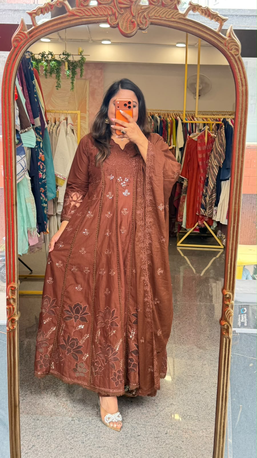Cotton cutwork Anarkali suit set in brown
