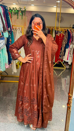 Cotton cutwork Anarkali suit set in brown
