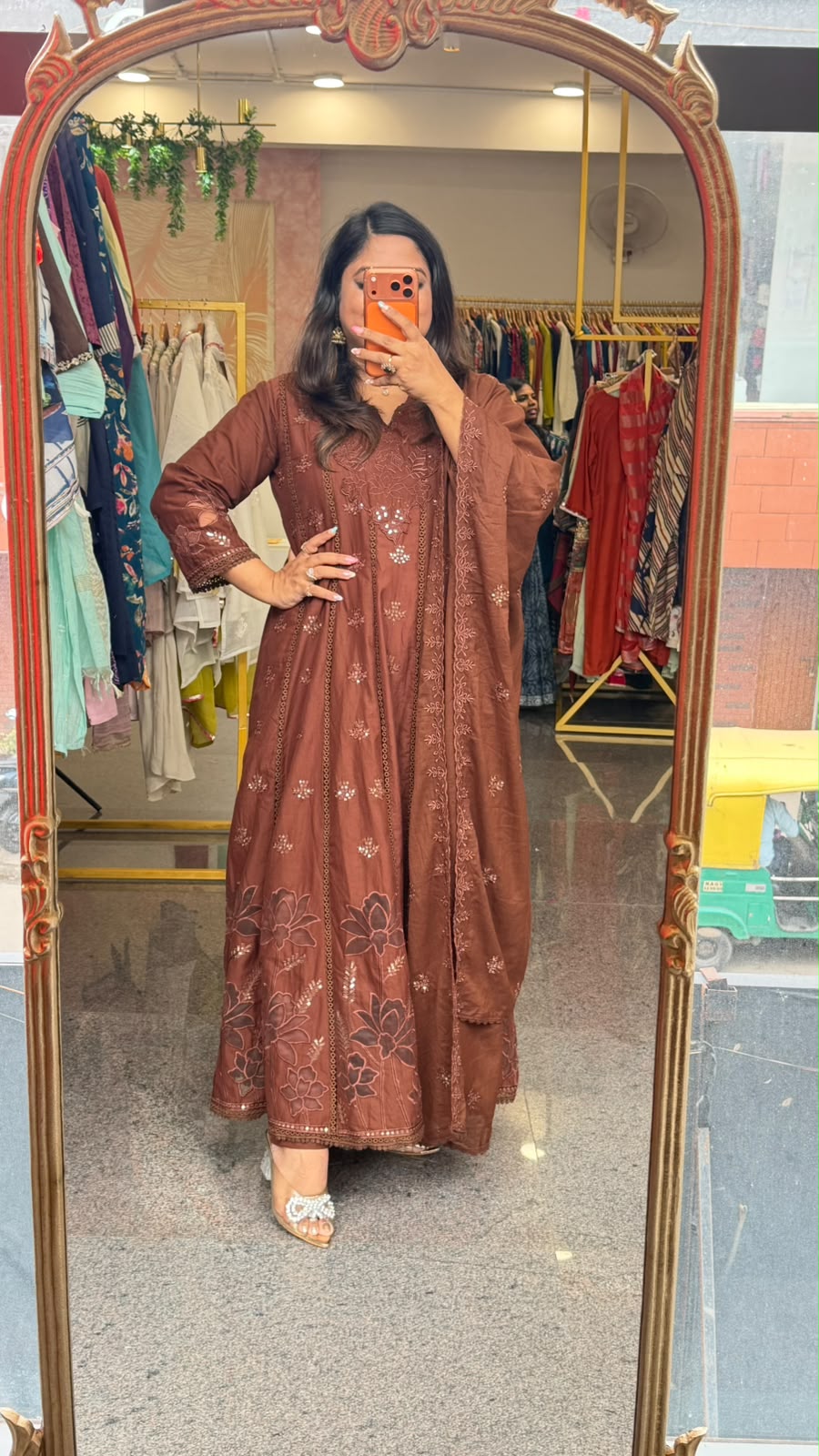 Cotton cutwork Anarkali suit set in brown