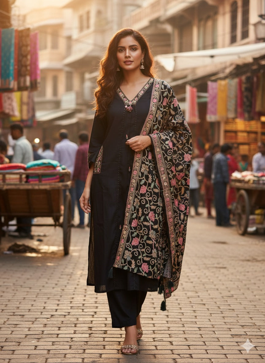 Super pretty slub cotton paired with embroidery pockets and Kashmiri dupatta