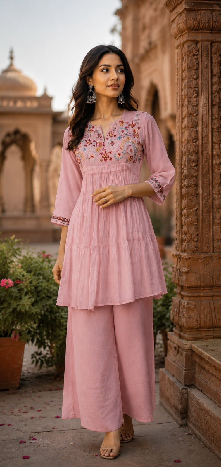 Pretty Modale with Mul lining front and back embroidered co ord in peach