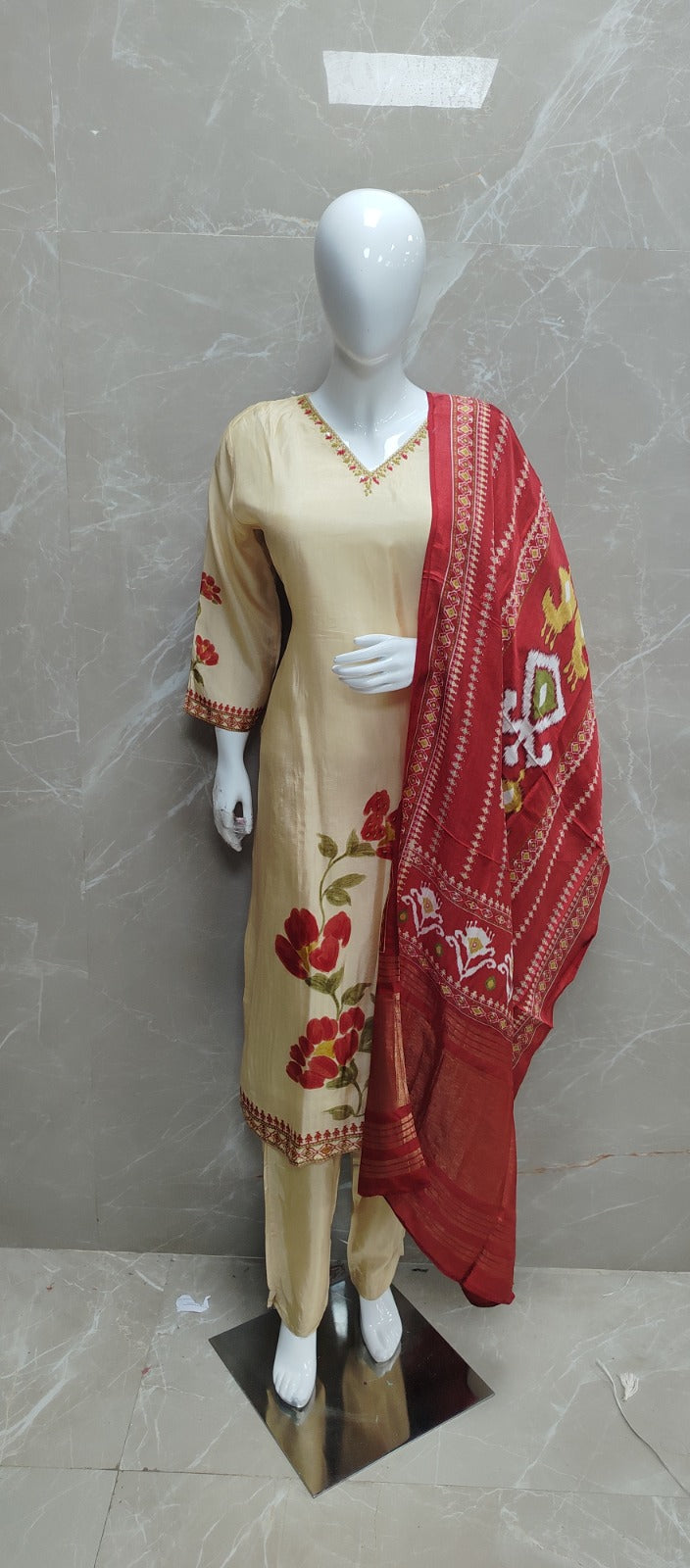 Russian silk digital printed paired with Ikkat dupatta