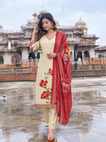 Russian silk digital printed paired with Ikkat dupatta