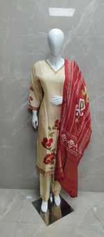 Russian silk digital printed paired with Ikkat dupatta
