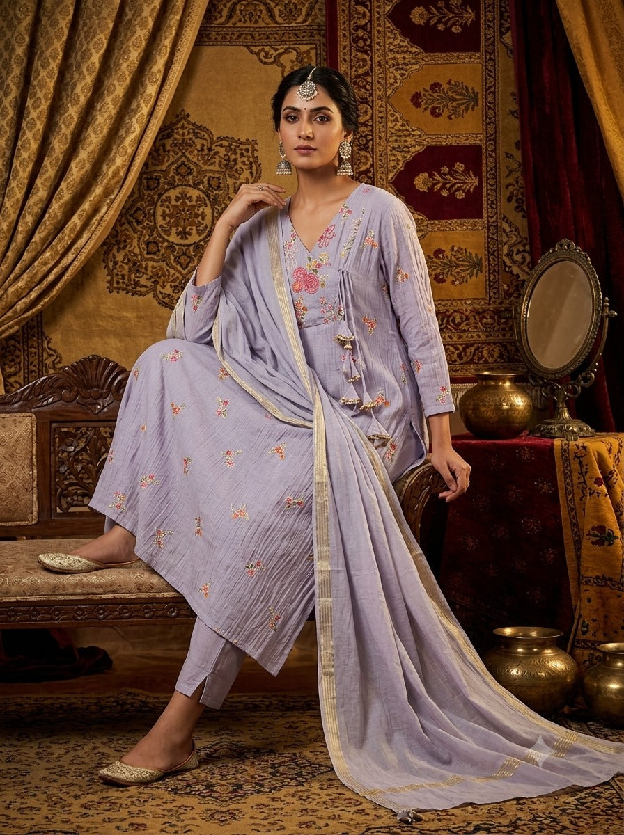Pretty Mul Chanderi embroidered suit set