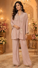 Premium chinon heavy embellished co ord in nude pink