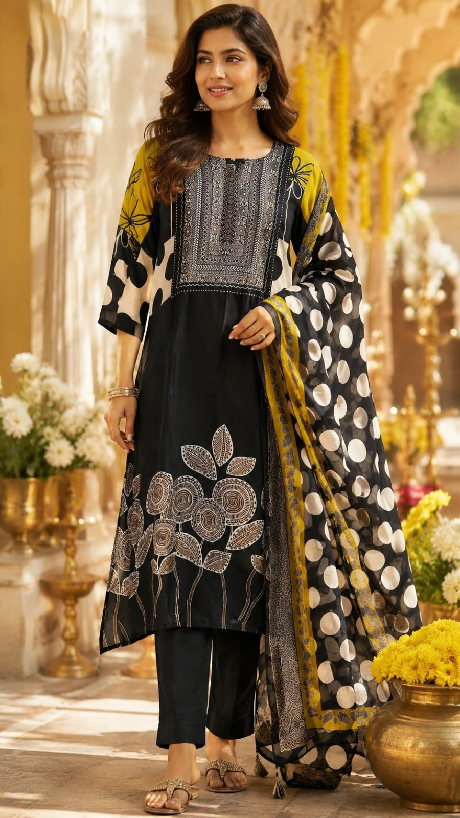 Super pretty Mul silk design suit set in black n yellow