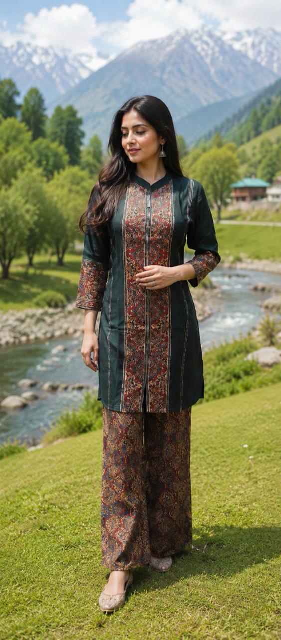 Pretty ajrakh Mul silk co ord set in green