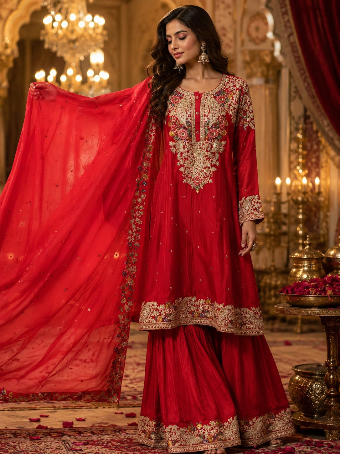 Premium chinon heavy handwork sharara full suit set in red
