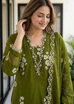 Cotton suit set with organza border in green