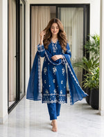 Cotton suit set with organza border in teal blue