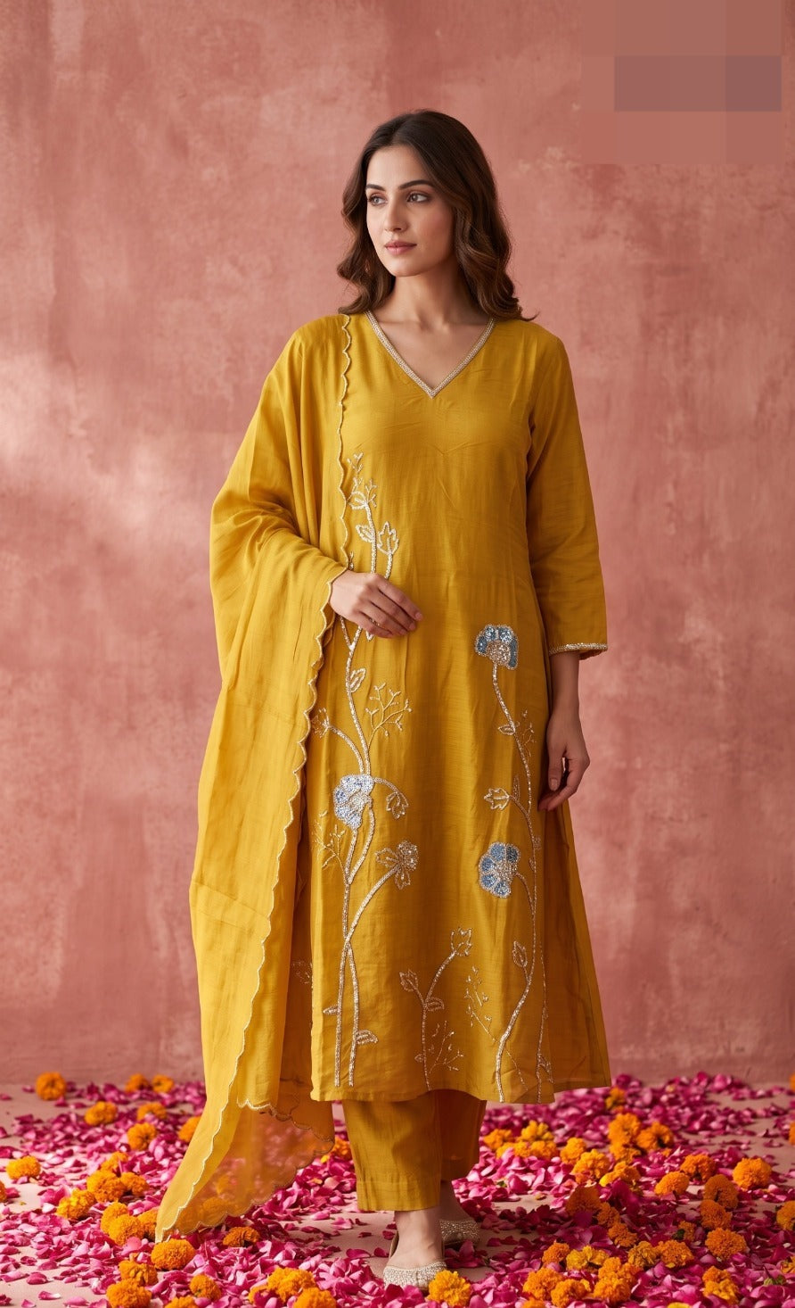 Super pretty baby pure mulchanderi suit set in yellow with lining