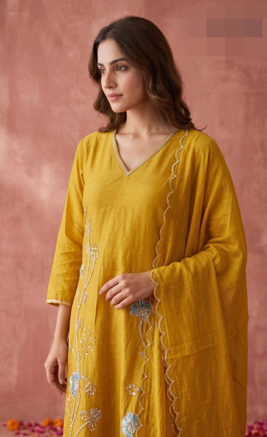Super pretty baby pure mulchanderi suit set in yellow with lining