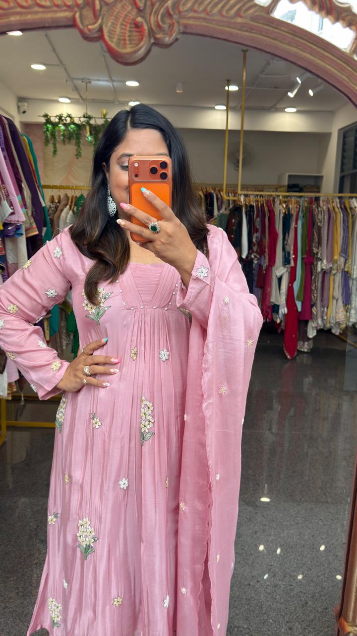 Premium pure chinon heavy pearl work suit set in baby pink