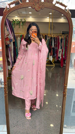 Premium pure chinon heavy pearl work suit set in baby pink