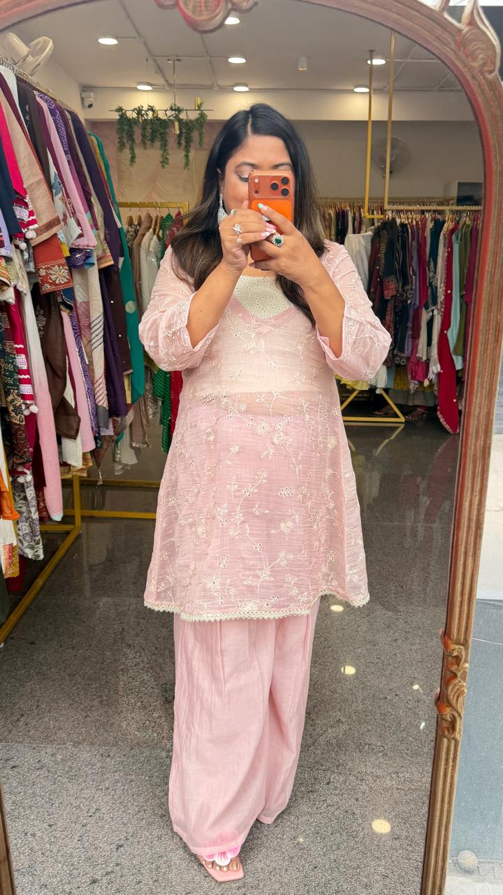 Baby pink pretty embroidered co ord set paired with shifli inner (inner slim fit)