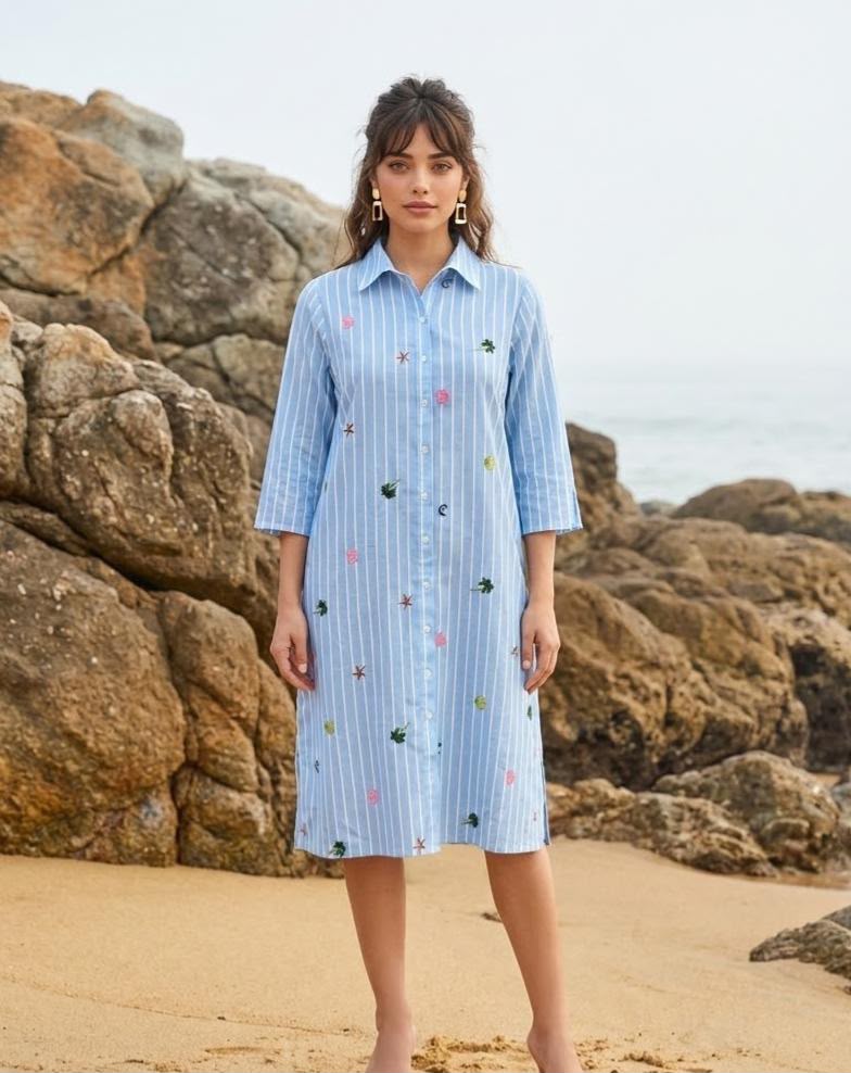 Pure cotton embroidered one piece in blue