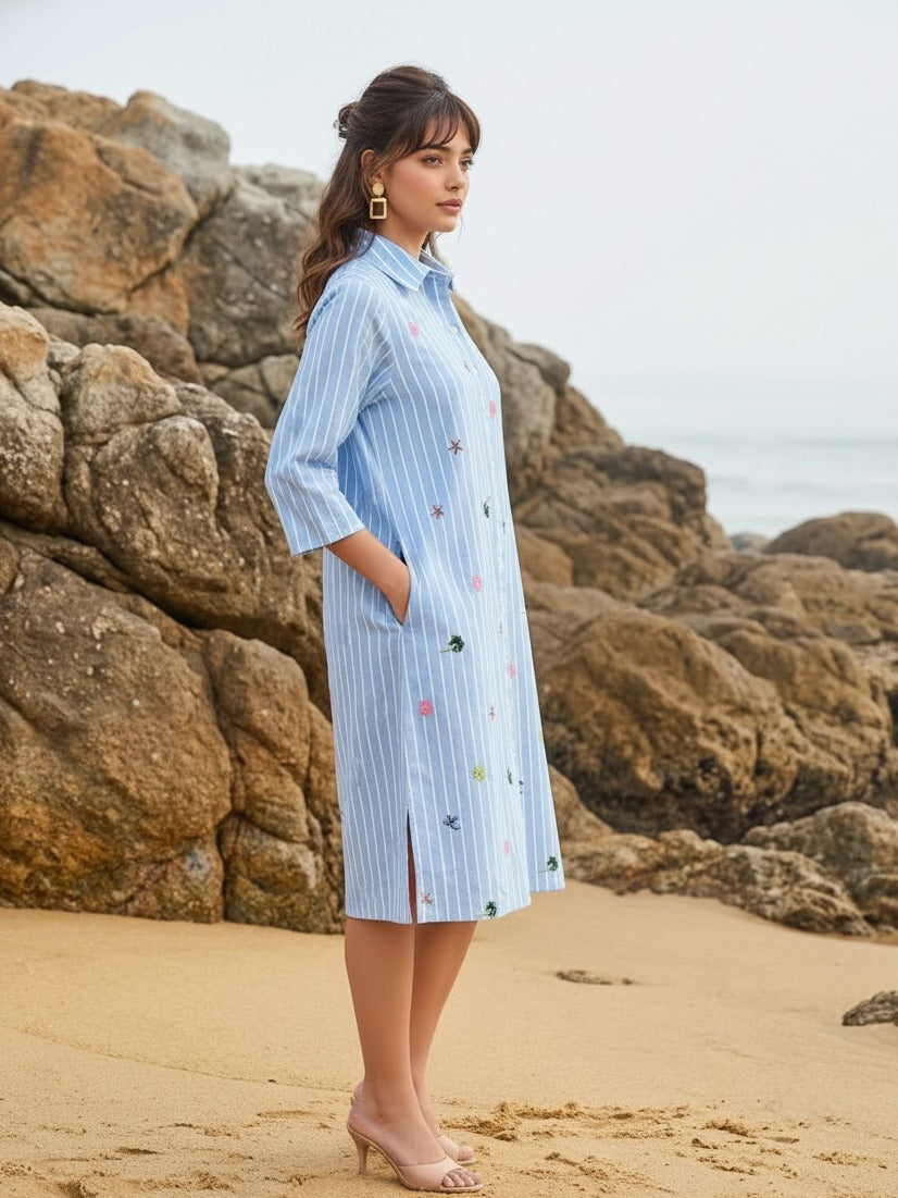 Pure cotton embroidered one piece in blue