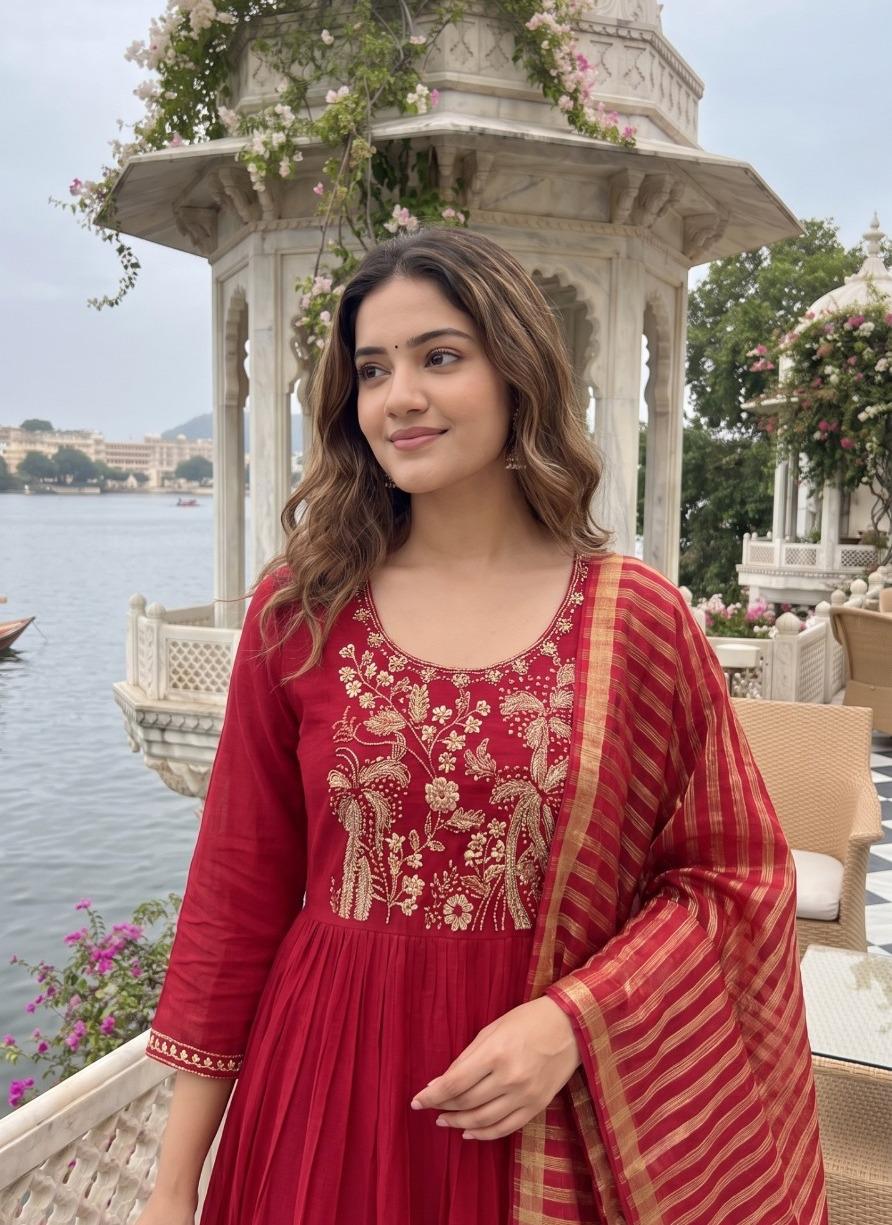 Mul chanderi pinkish red full suit set
