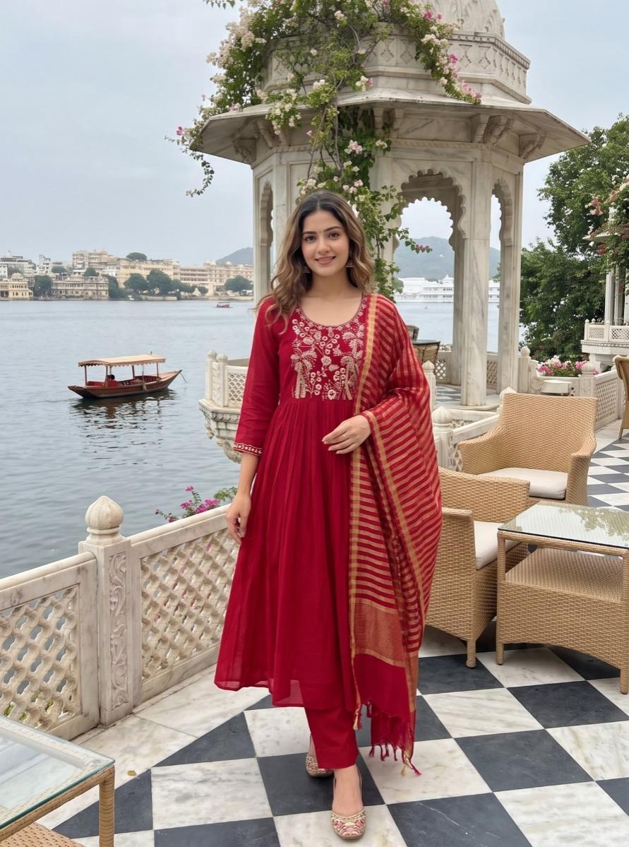 Mul chanderi pinkish red full suit set