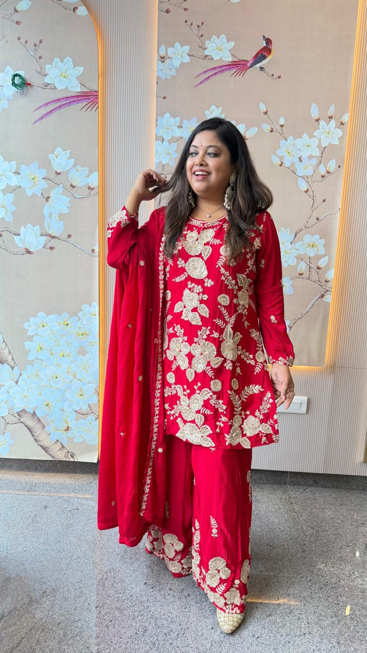 Premium pure chinon with embroidery and pearl detailing sharara set