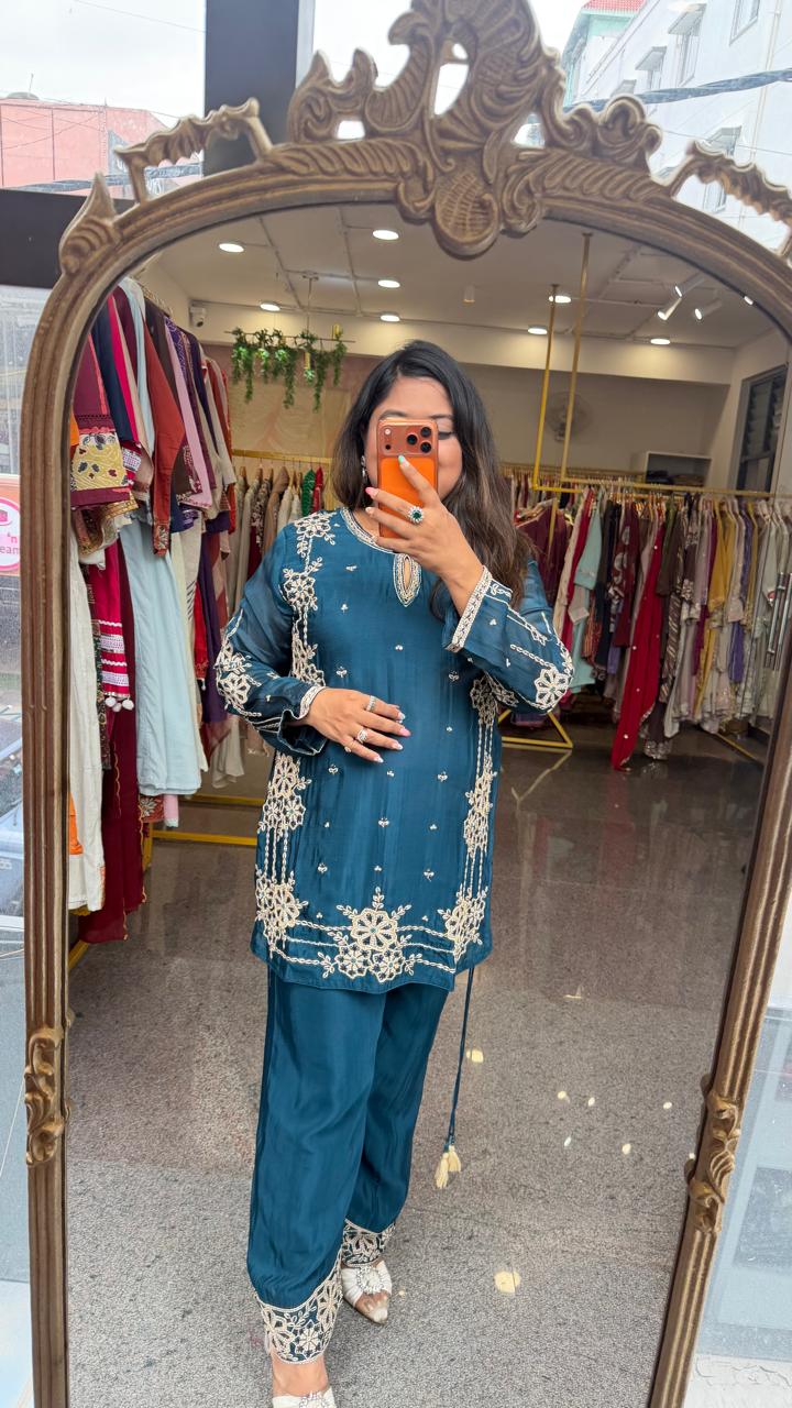 Premium chinon heavy handwork co ord set in teal blue