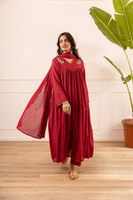 Red embroidered Mul Cotton lining full suit set