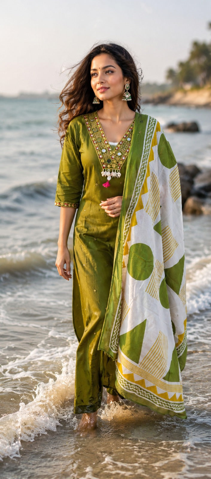 Pure cotton real mirror suit set in green