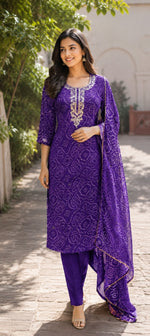 Pretty georgette handwork suit set in purple bandhani