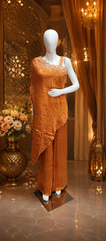 Orange pure chinon pretty handwork front n back offshoulder dress