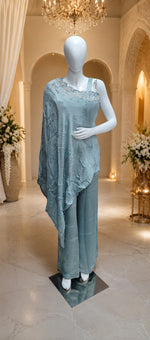 Ice blue pure chinon pretty handwork front n back offshoulder dress
