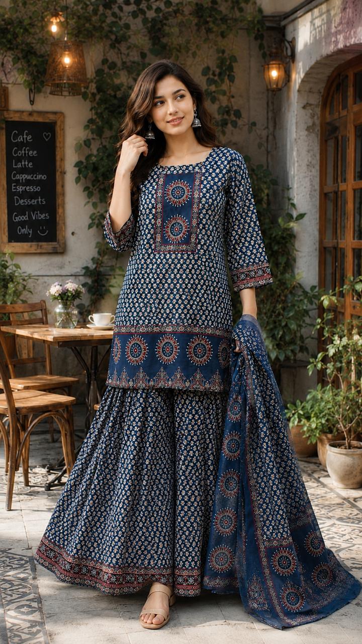 Pretty cotton ajrakh palazzos full suit set in blue