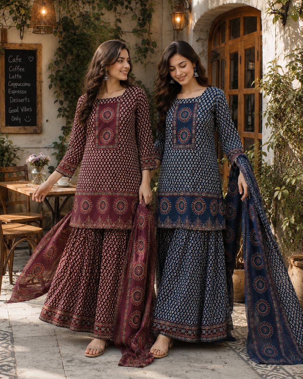 Pretty cotton ajrakh palazzos full suit set in blue